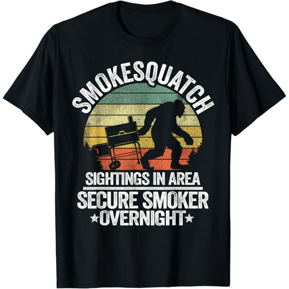 Smokesquatch Sasquatch Smoking Meat Grill Funny Bigfoot T-ShirtMen's and women's gift, black and white T-shirt, size: Extra large S-4XL