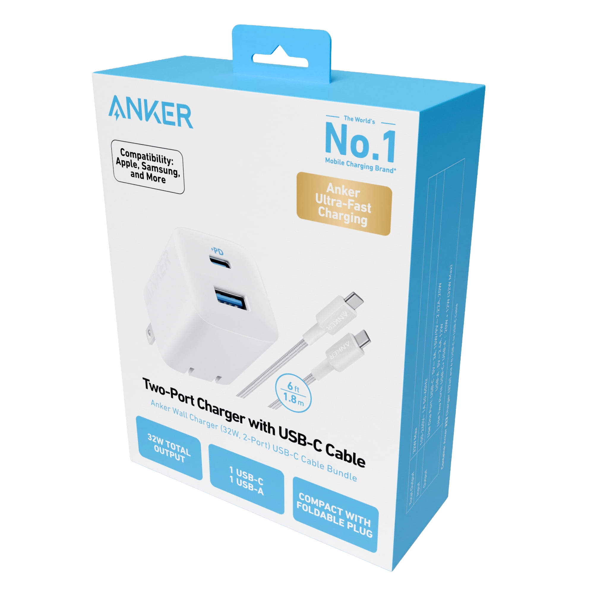 Anker 33W 2-Port Wall Charger with USB-C to USB-C Cable, 6 ft