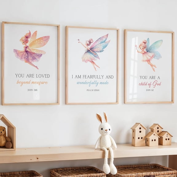 Christian Fairy Bible Verse For Girls Room You Are Loved Fearfully Made Child of God Christian Nursery Decor Set 3 Unframed Paper Print 8x12