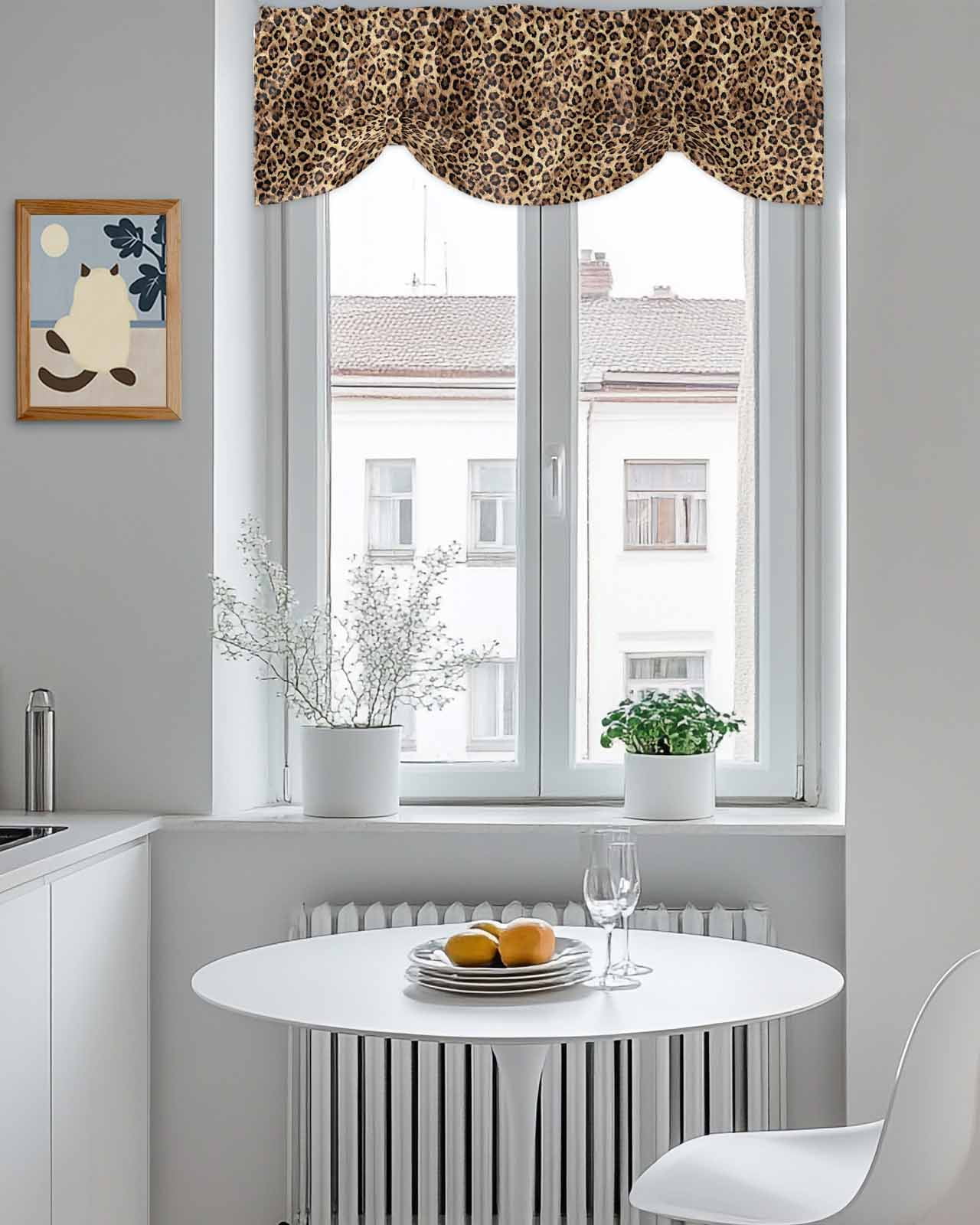 Leopard Print Tie Up Valances Curtain, Adjustable Kitchen Animal Abstract Retro Valances for Windows Decor, Rod Pocket Short Curtains Set for Bedroom/Bathroom, 60"x18"