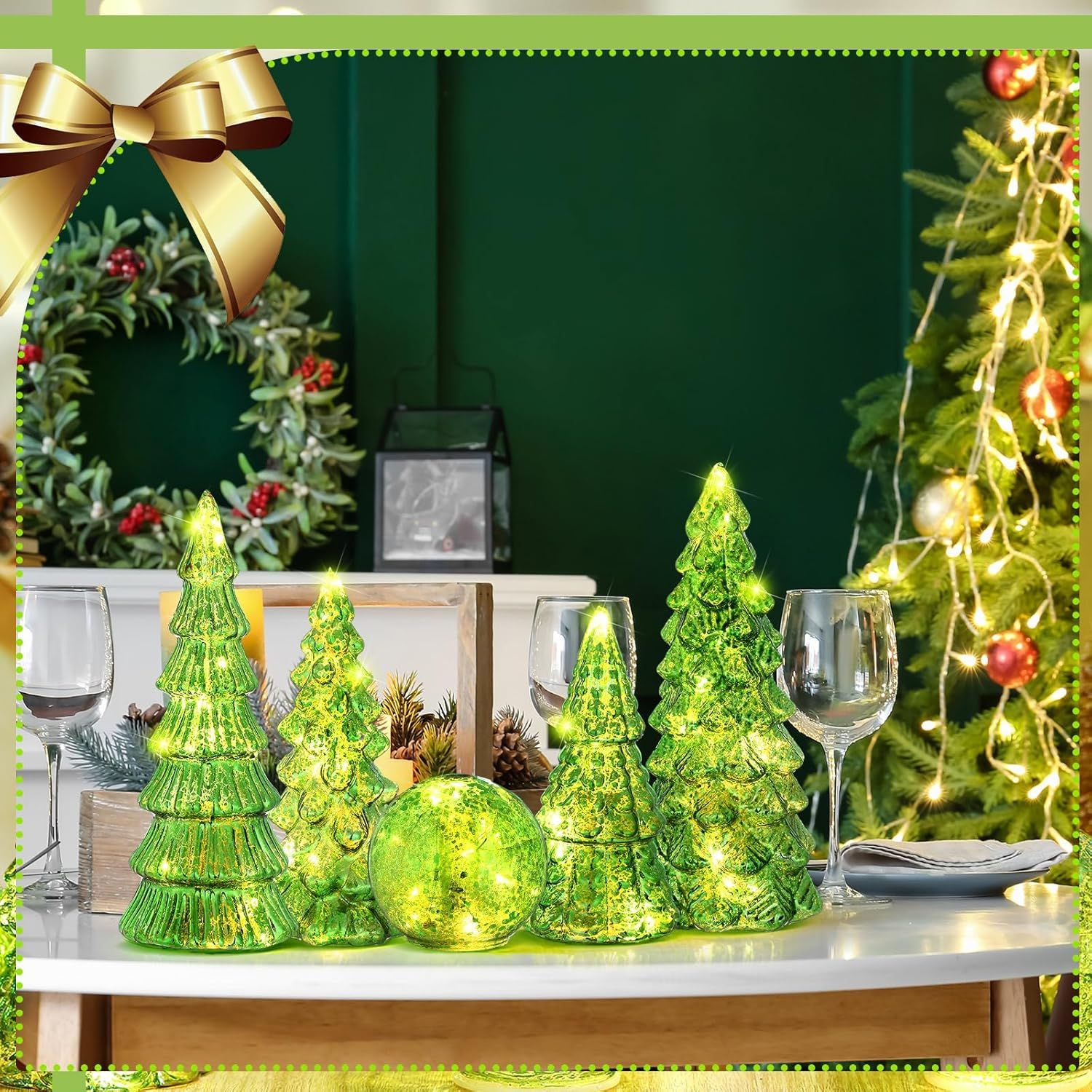6 Pcs Mercury Glass Christmas Tree for Tabletop Light up Figurine Christmas Tree Mercury Cracked Glass Globe with Light for Xmas Decor Home Party Centerpiece Mantel Gift