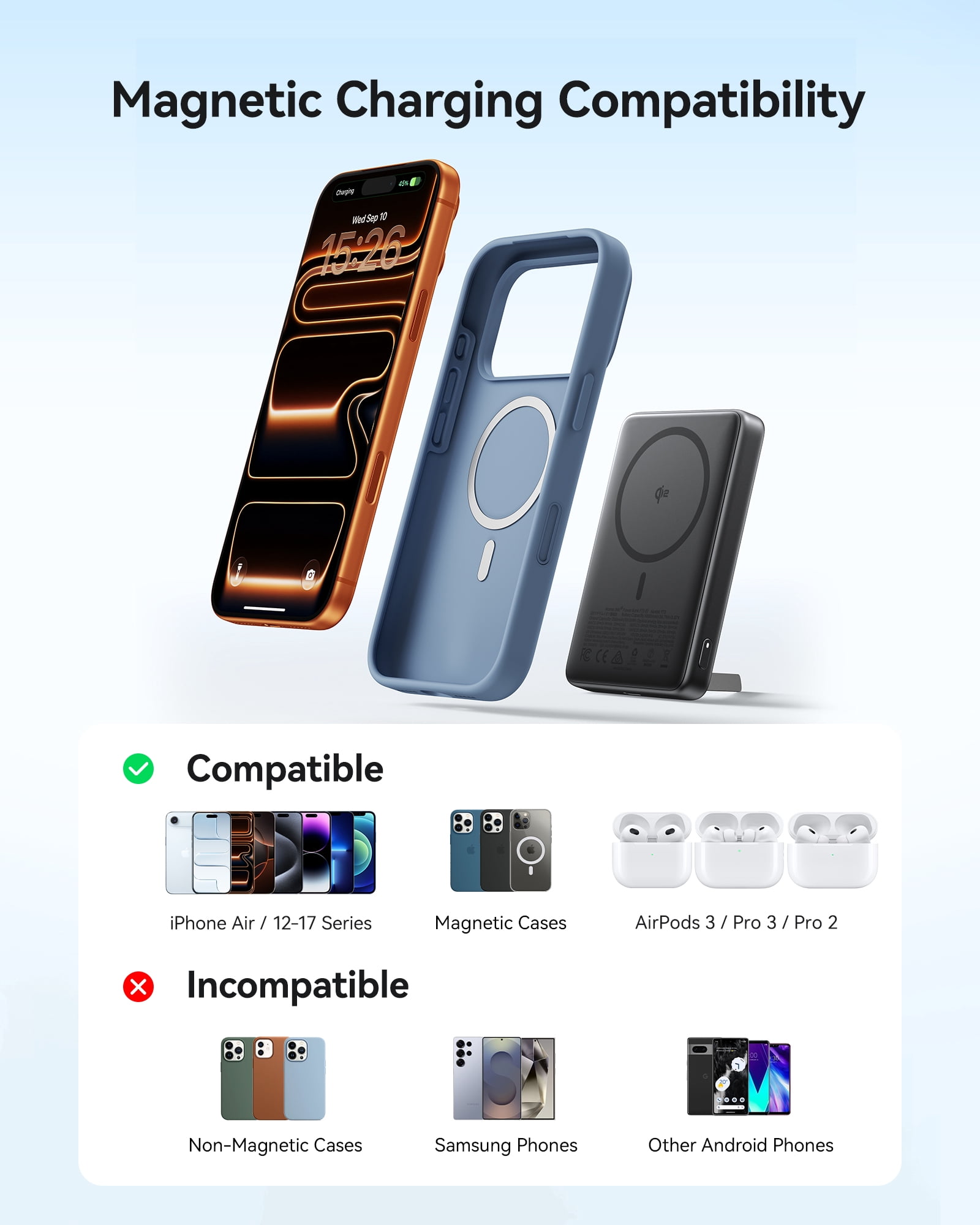 INIU Magnetic Wireless Portable Charger, 10000mAh 45W Power Bank with USB C Cable&Stand,  Qi2 Certified Battery Pack, Compatible with iPhone 17/16/15/14/13/12 Only, Black