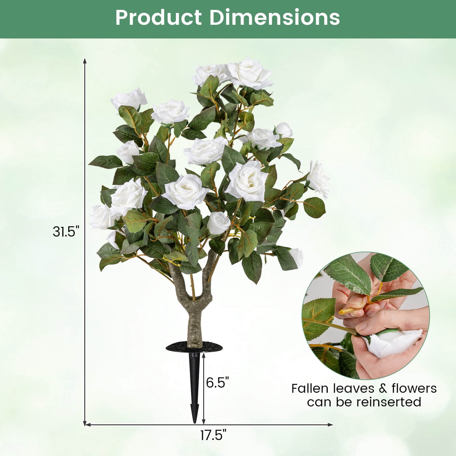Costway 2 Pack Artificial Rose Flower Trees,31.5" with Spikes,186 Leaves & 18 White Flowers White + Green