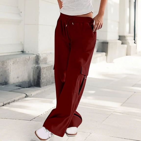 Pantalones Cargo Mujer Women's Work Pants Mid Rise Relaxed Straight Leg Cargo Casual Trousers With Multi Pockets Wine XXXL