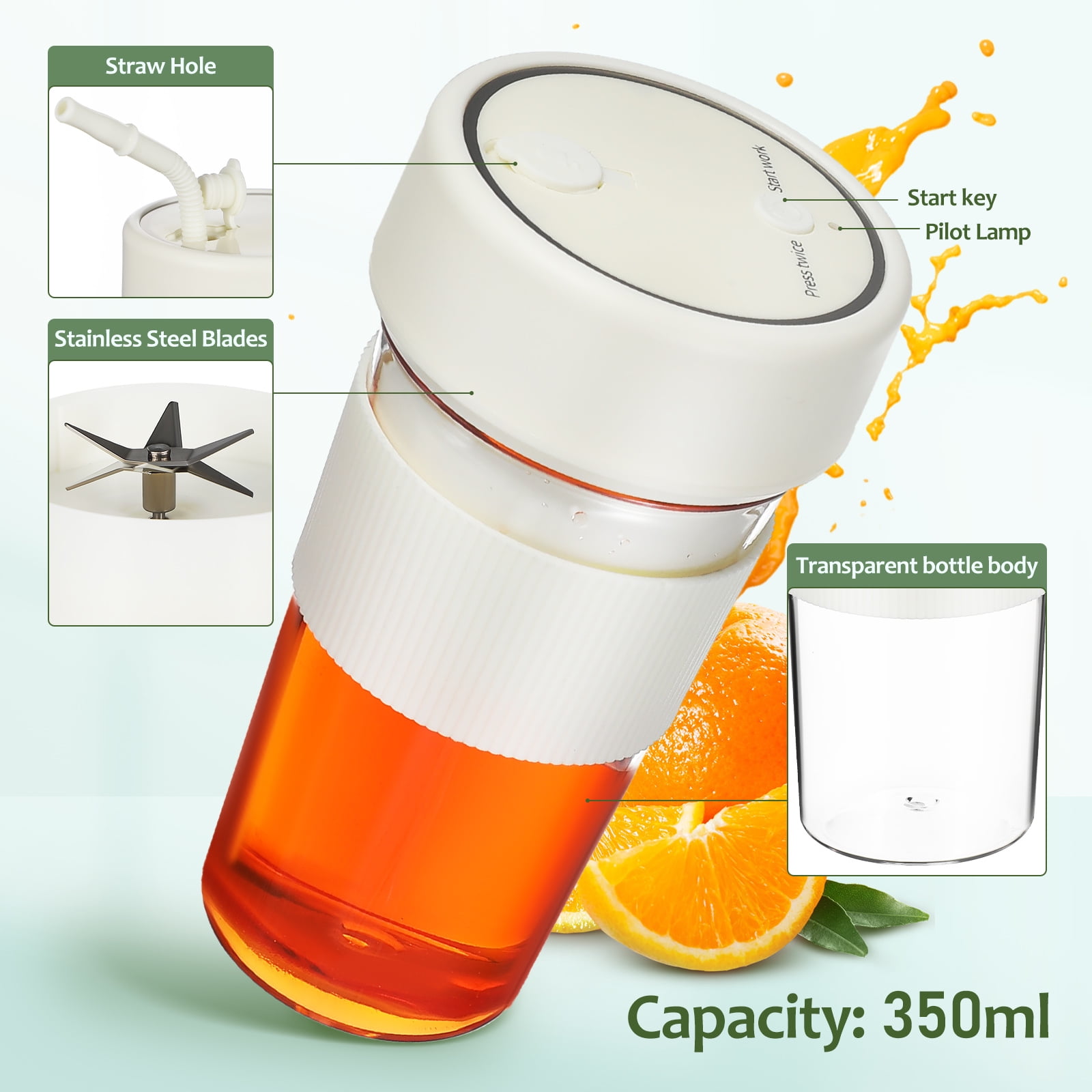 Toyandona Compact Rechargeable Travel Juicer, White, Efficient Motor, Leak-Proof Lid, 2Pcs