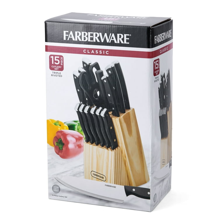 farberware + 15-Piece Triple Riveted Acacia Knife Block Set, Blush