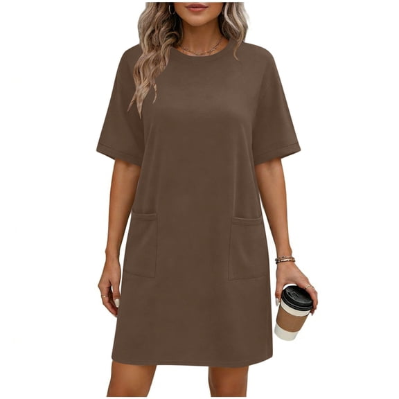 Bosfbaoi Dresses For Women Casual T-Shirt Dress Crew Neck Pocketed Women Dresses Loose Fit Summer Dress Solid Color Shift Sundress