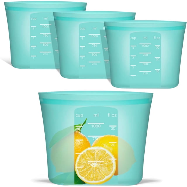 Fzhanc Sacs de Congélation Réutilisables Taille Quart, Lot de 4, Sacs de Rangement Alimentaires en Silicone 100 % Ziplock Réutilisables, Sacs à Sandwich, Micro-Ondes Lave-Vaisselle Sûrs, Aqua, 33.8fl.oz