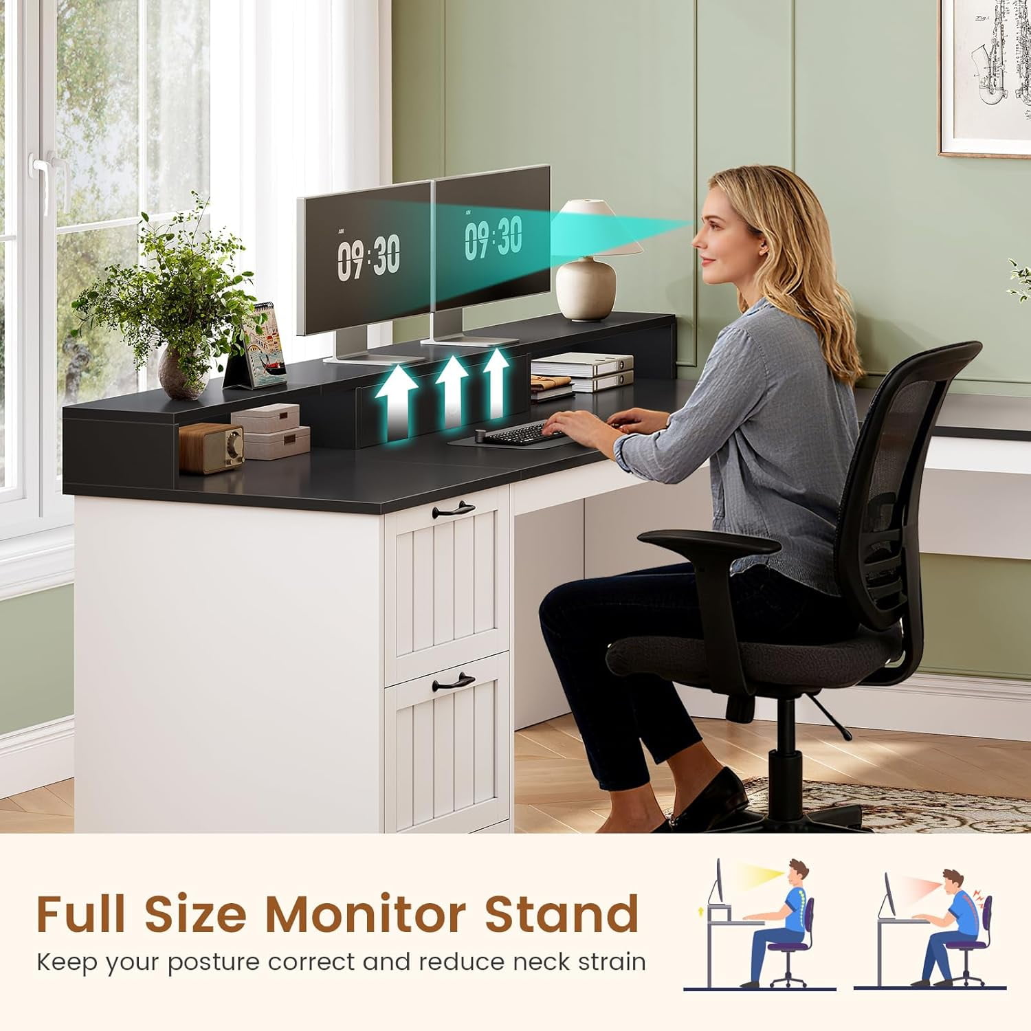 Farmhouse L Shaped Desk with Storage, Rustic Corner Desk with Monitor Stand, 2 File Drawers & 1 Cabinet, Home Office Desk with Spacious Desktop, Large PC Workstation, White & Black Top
