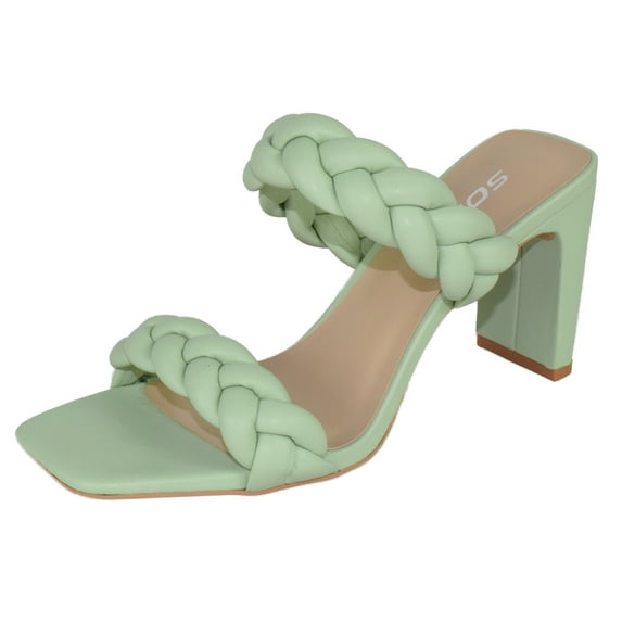 Soda Shoes Women Block High Heel Sandals Braided Band Square Toe FOUND-S Light Green Mint 7