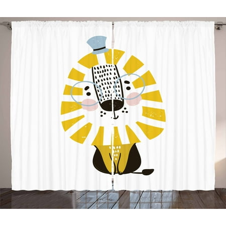 Lion Curtains 2 Panels Set Doodle Style Jungle Animal With Mane Lion Curtains 2 Panels Set Doodle Style Jungle Animal With Mane Gles And Hat Funny Cartoon Window D For Living Room Bedroom