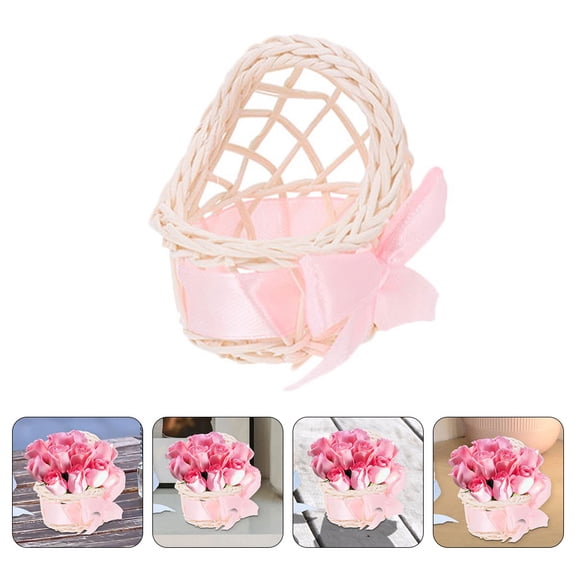 Niceauty Dollhouse Mini Wicker Basket Pink Rattan 6pcs