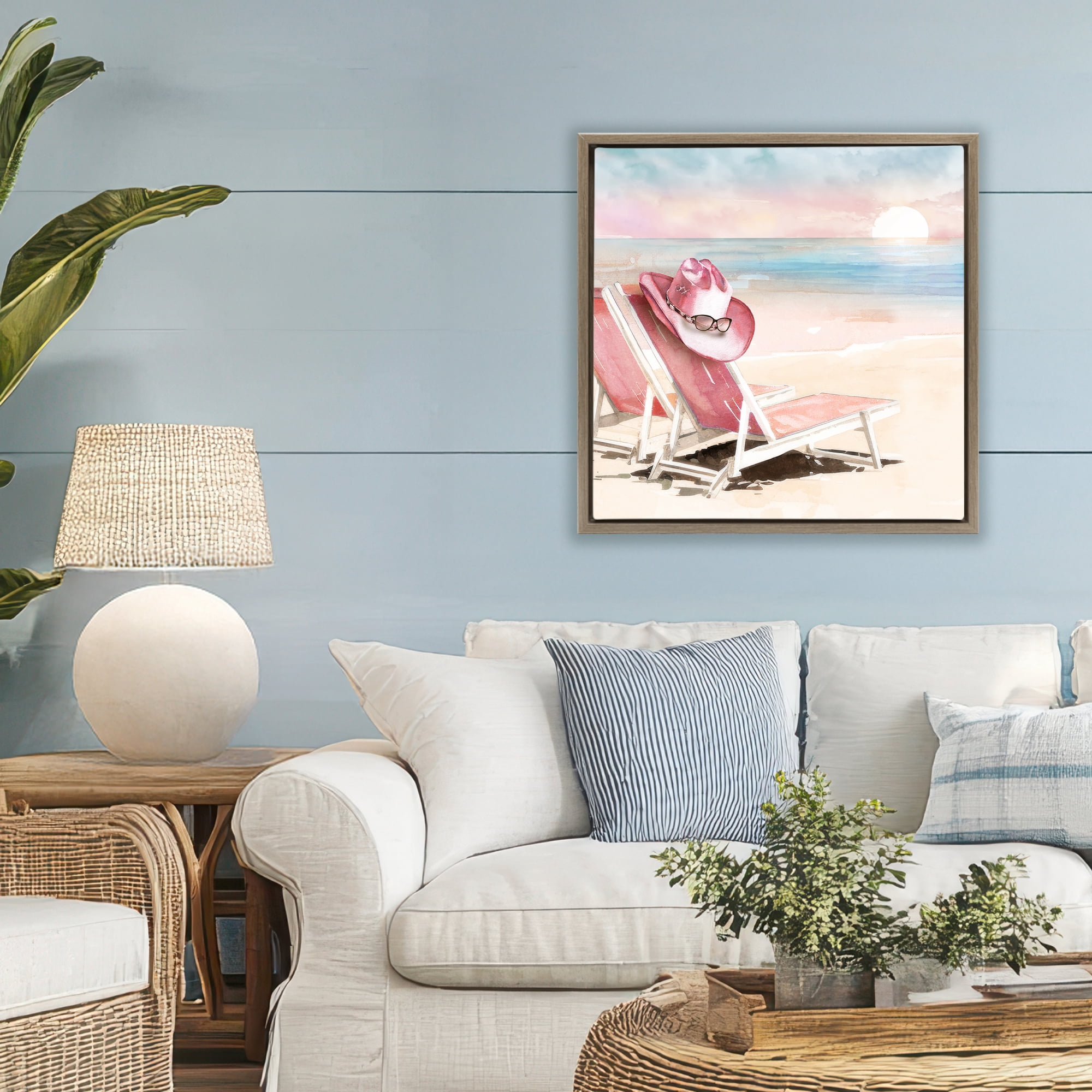 Stupell Industries Blush Pink Beach Chairs Brown Framed Floater Canvas Wall Art, design by Paul Mathenia