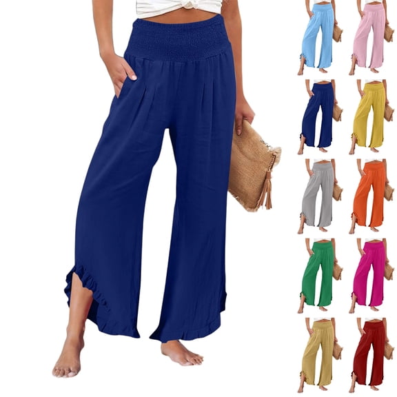 Linen Pants Women Wide Leg Summer Lounge Trousers Boho Flowy Palazzo Pant Fashion Beach Vacation Cotton Outfits 2026 Dark Blue 3XL