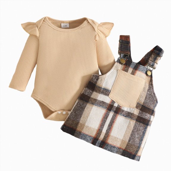 Baby Girl Toddler Girl 2‑Piece Ruffle Romper and Suspender Skirt Set with Headband | Long Sleeve Plaid Overall Dress Fall Winter Spring Daily Wear for Baby Girls Kaprioy Girls Clothes Fall Winter