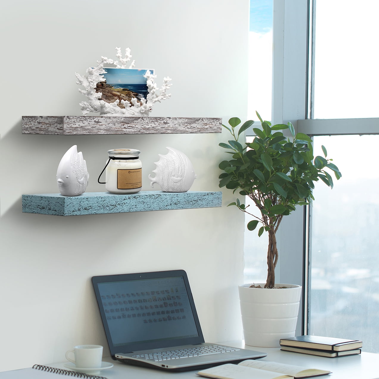 Sorbus 16.25" Blue White Rustic Floating Shelves (Set of 2) – Wall Storage for Décor, Frames, Trophies
