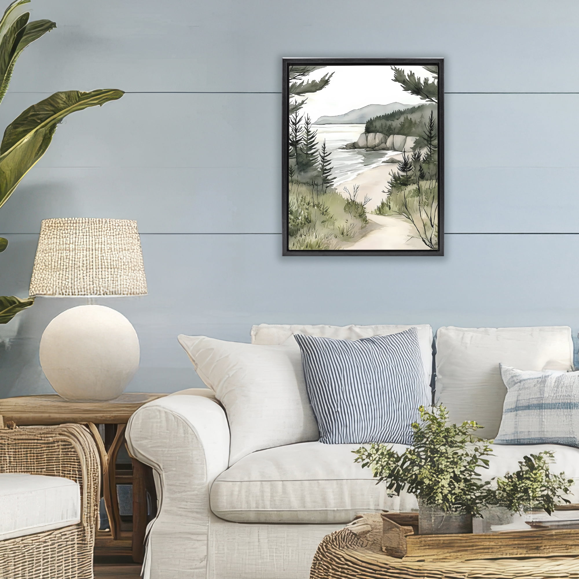 Stupell Industries Coastal Calm Winding Path Black Framed Floater Canvas Wall Art, design by Riley B