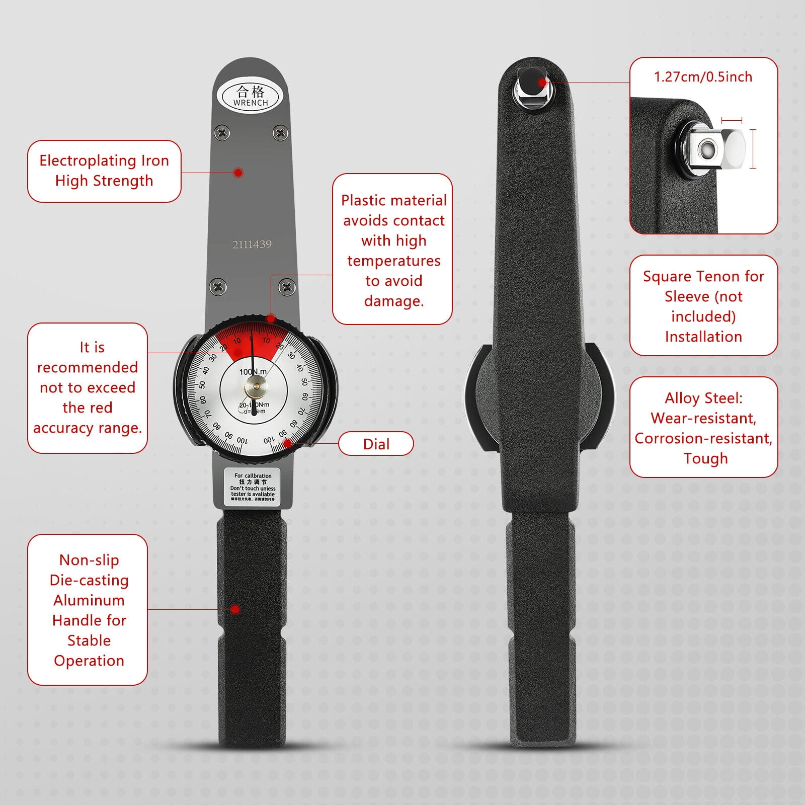 Miumaeov Dial Indicator Torque Wrench Indicating Torquemeter 0-100n.m for Torque Testing