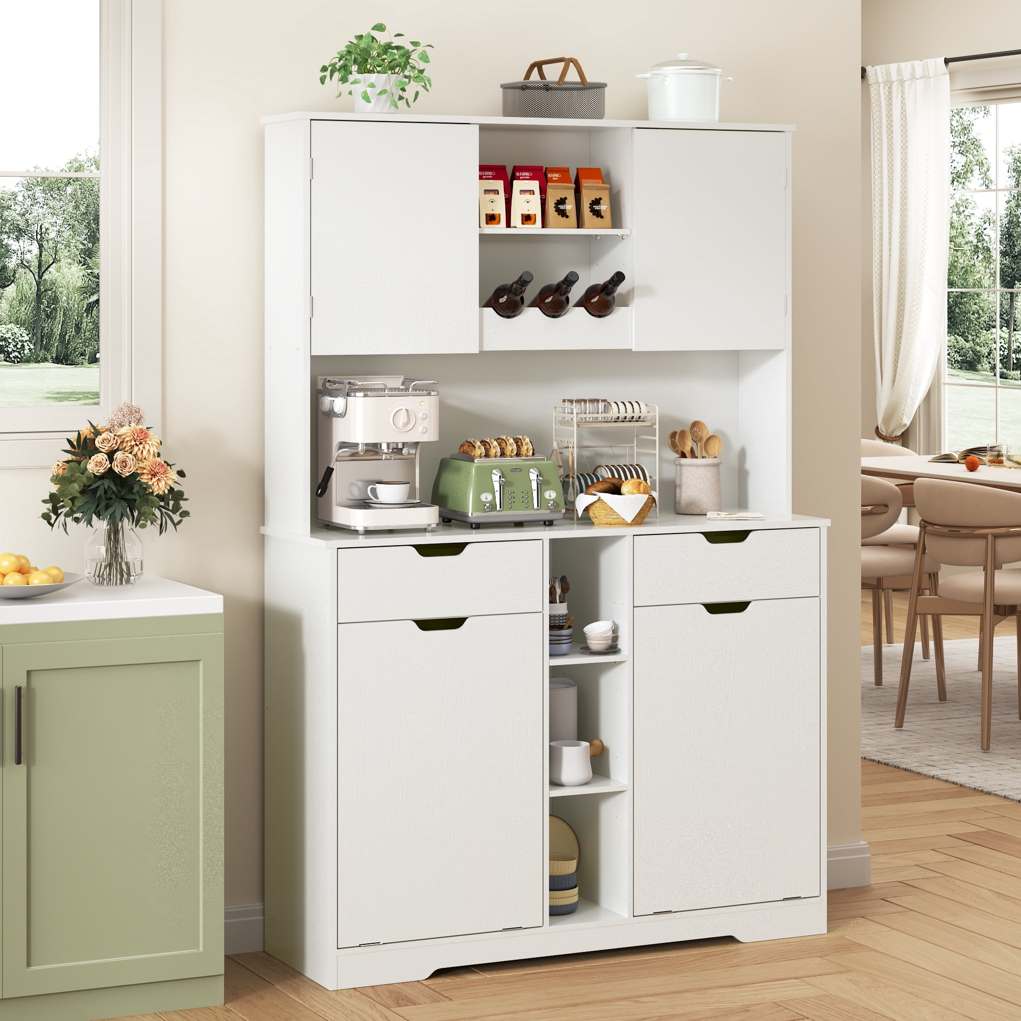 Blotout 71" Tall 46"Wide Kitchen Pantry Cabinet with Charging Station & Microwave Shelf, Farmhouse Kitchen Double Tilt Out Trash Cabinet 10X2 Gallon Garbage Holder with 2 Drawers Storage