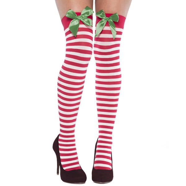 Holiday Candy Cane White and Red Striped Thigh Highs - One Size Fits ...