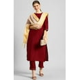 thumbnail image 3 of Janasya Indian Round Neck 3/4 Sleeve Solid Maroon Poly Silk Kurta With Pant And Dupatta For Women, 3 of 7