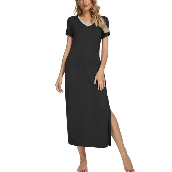 Unique Bargains Womens Sleepwear with Side Slit Nightshirt Lounge Nightgown M Black