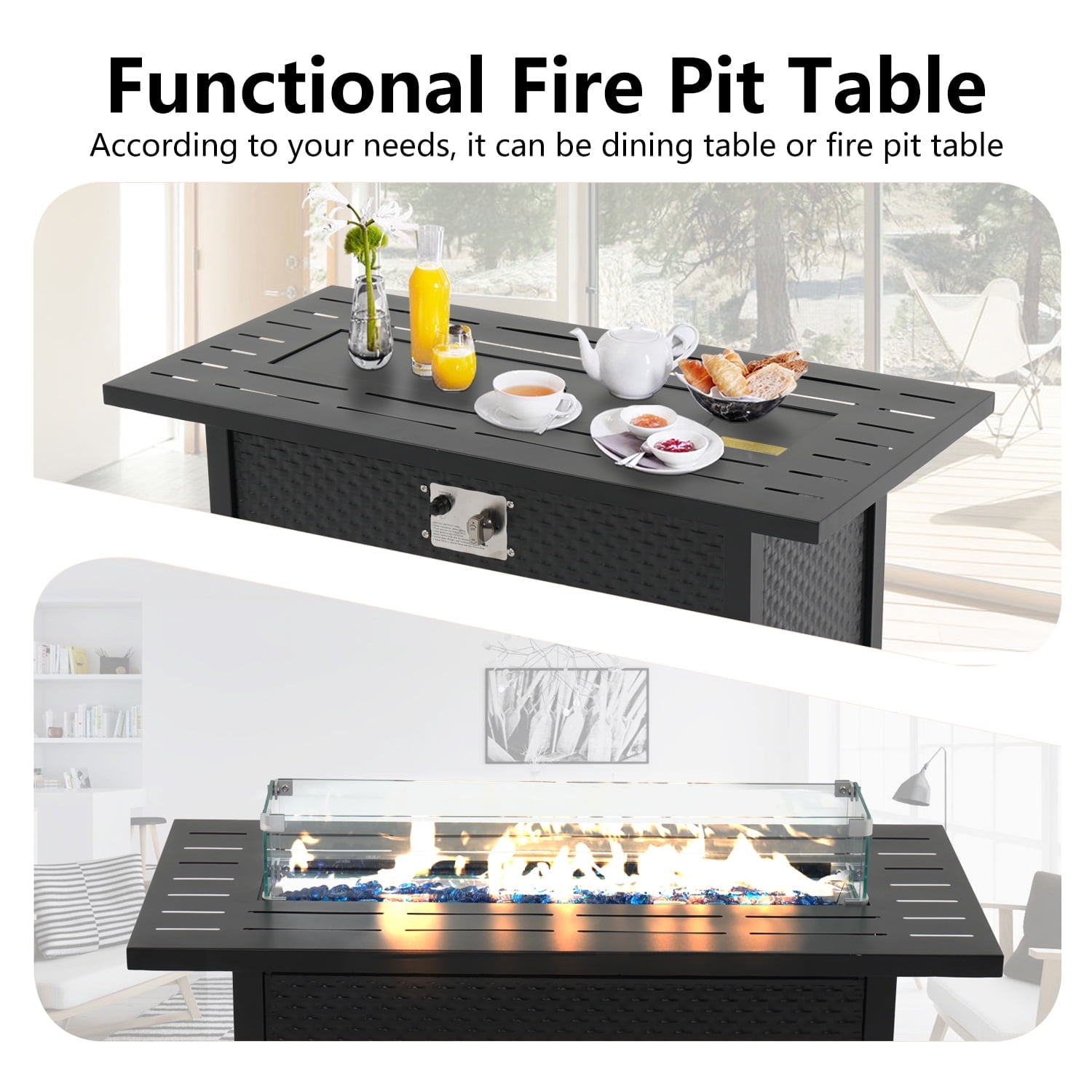 Propane Fire Pit, 45 Inch Gas Fire Pit Table with Lid, Glass Wind Guard, Waterproof Cover, Rectangle Gas Firepit Table, 50000 BTU for Garden, Patio, Deck, Yard