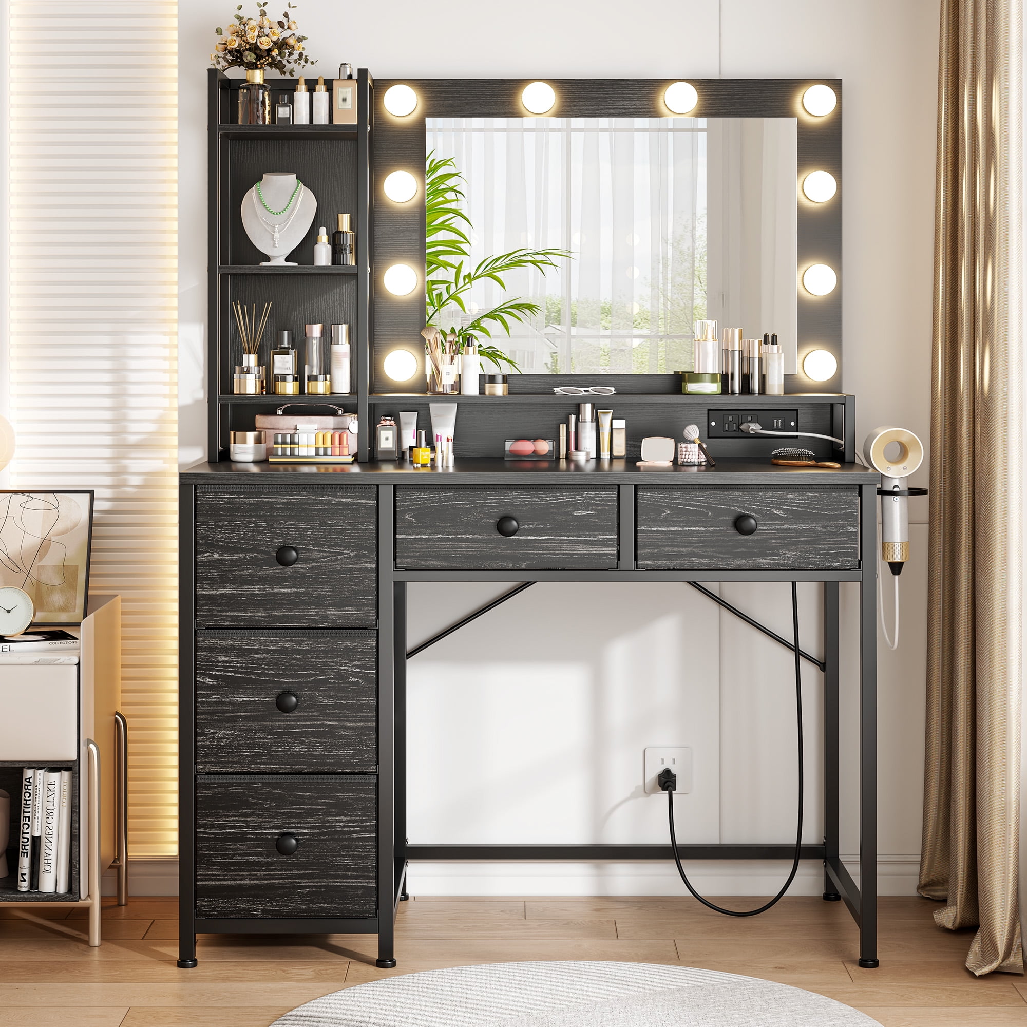 EnHomee Vanity Desk with Mirror and Lights Makeup Vanity Table with 5 Fabric Drawers & Hair Dryer Rack& Charge Port Dressing Table for Girl,Black