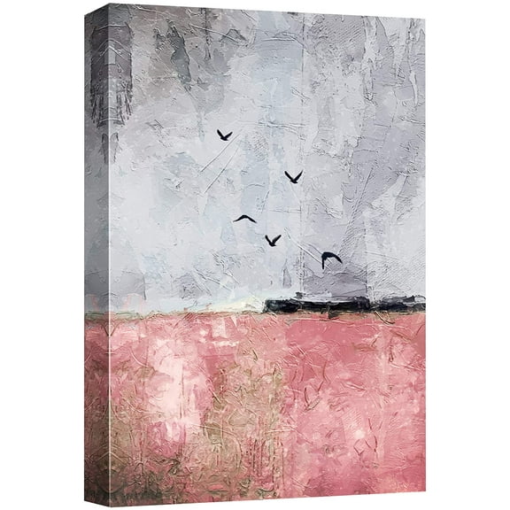 wall26 Canvas Print Wall Art Birds Flying Over Gray & Pink Paint Stroke Landscape Abstract Animals Illustrations Modern Art Bohemian Colorful Multicolor for Living Room, Bedroom, Office - 16"