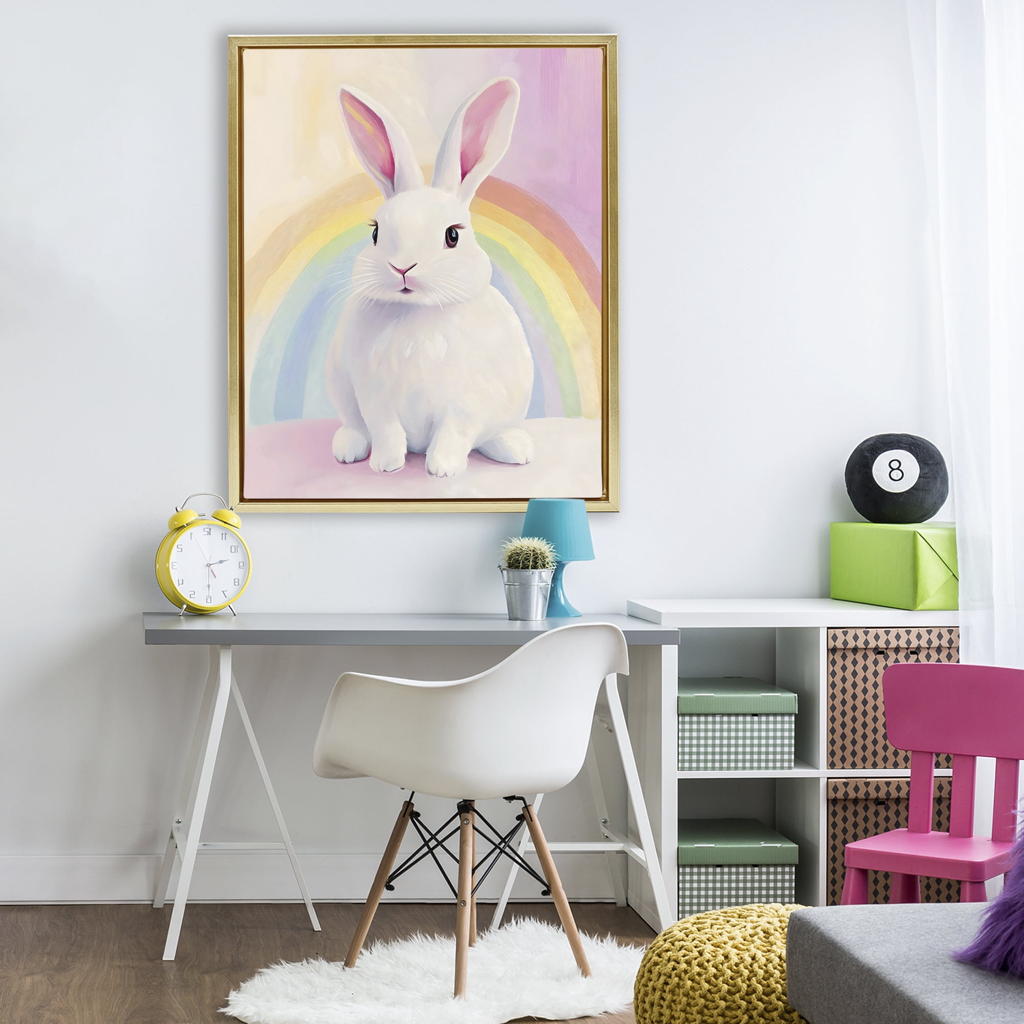 Stupell Industries Rainbow Bunny in Pastel Hues Gold Framed Floater Canvas Wall Art, design by The Prints Vibe