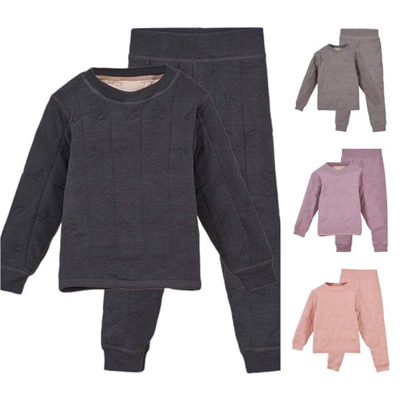 Huowey Girls Thermal Underwear Winter Outfits Wool Thick Lined Warm Long Sleeve Round Neck Pullover Top And Pants Comfy Loungewear Outwear Streetwear,Black,3-4 Years