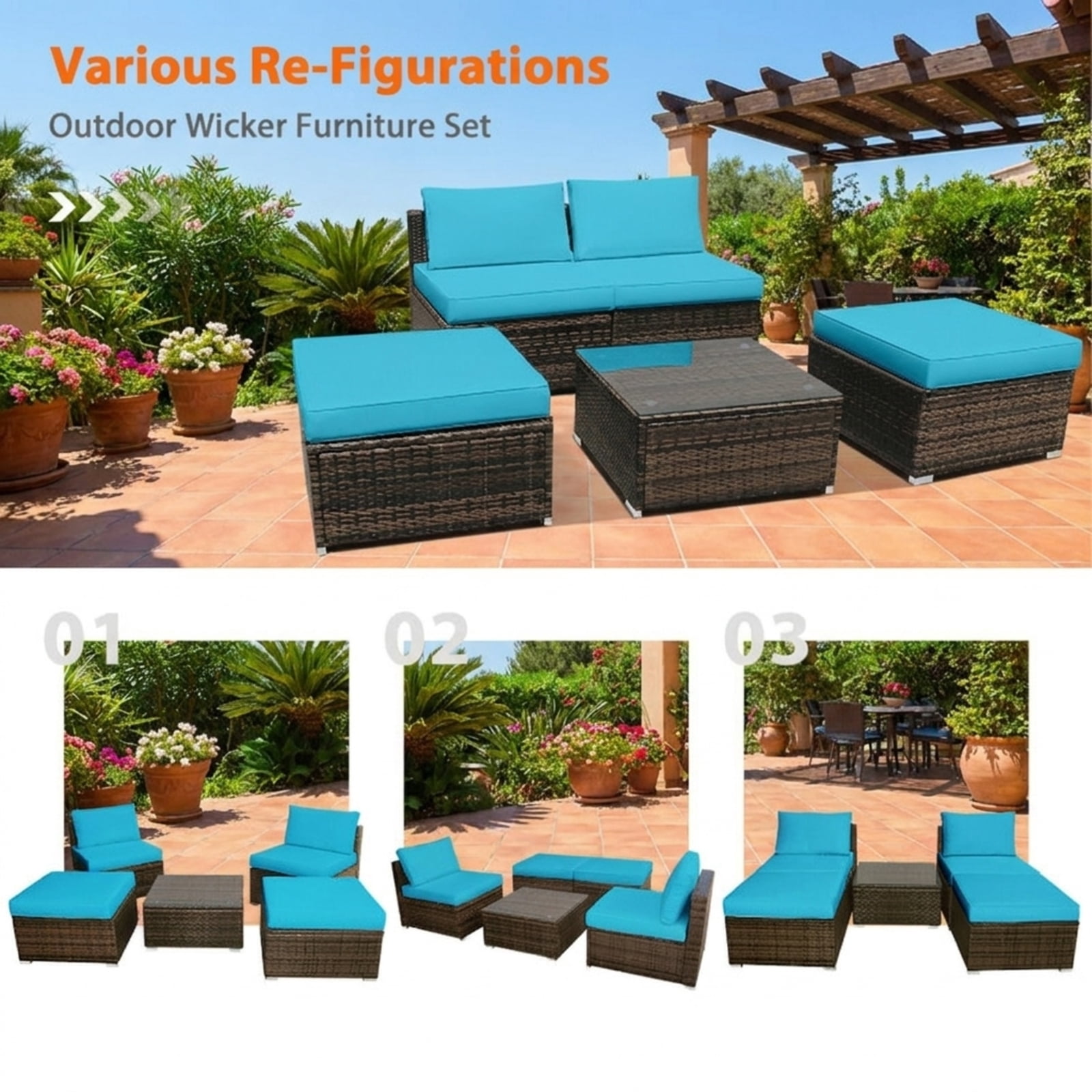 Furnibear 5 Piece Patio Furniture Set Outdoor Wicker Conversation Set with Cushioned Armless Sofas and Coffee Table for Garden Deck, Turquoise