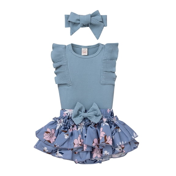 Atogsazn Baby Girl Clothes Infant Summer Outfits Set Ruffle Sleeve Romper and Floral Shorts with Headband Blue 0-3 Months