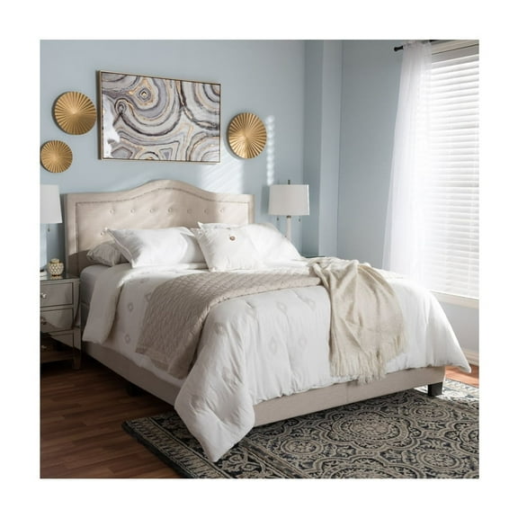 Modern Beige Fabric Bed - Full Size Platform Bed Frame - Low Profile Bedroom Furniture