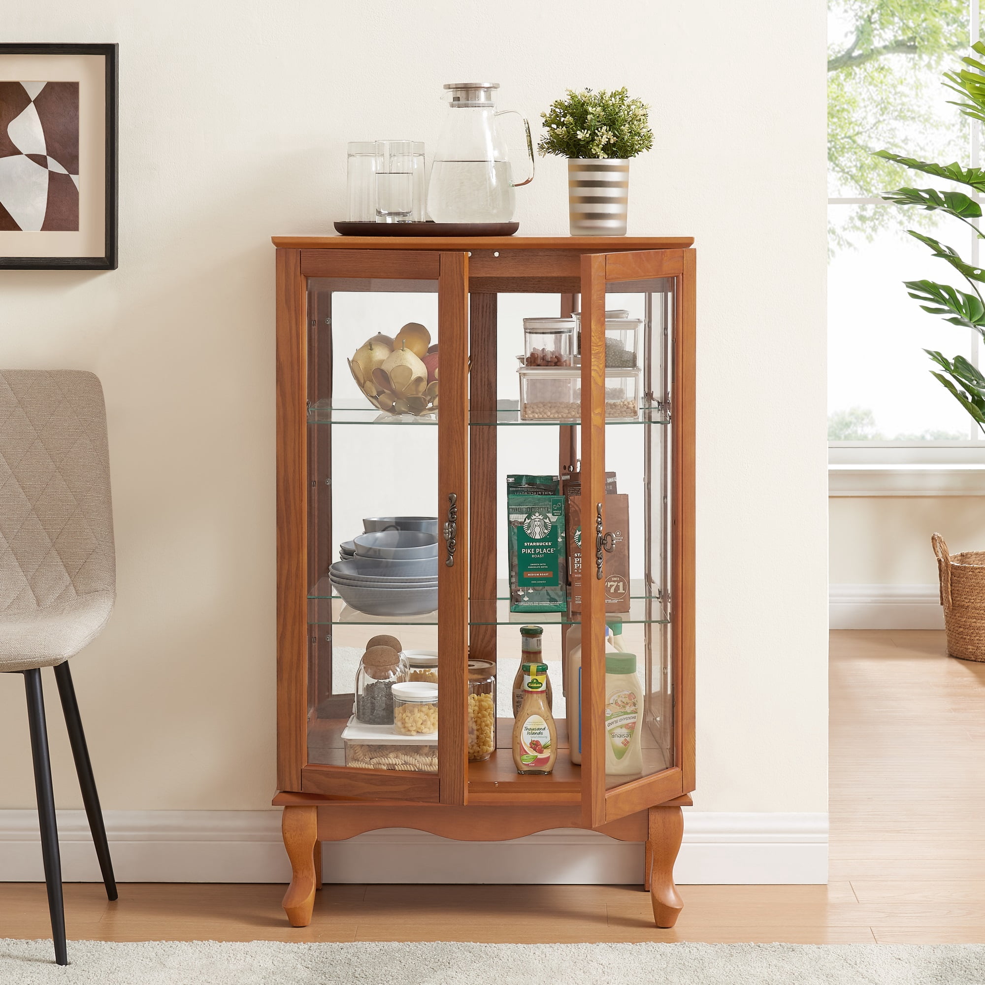 Miniyam Curio Display Cabinet with Light & Tempered Glass Doors, Oak