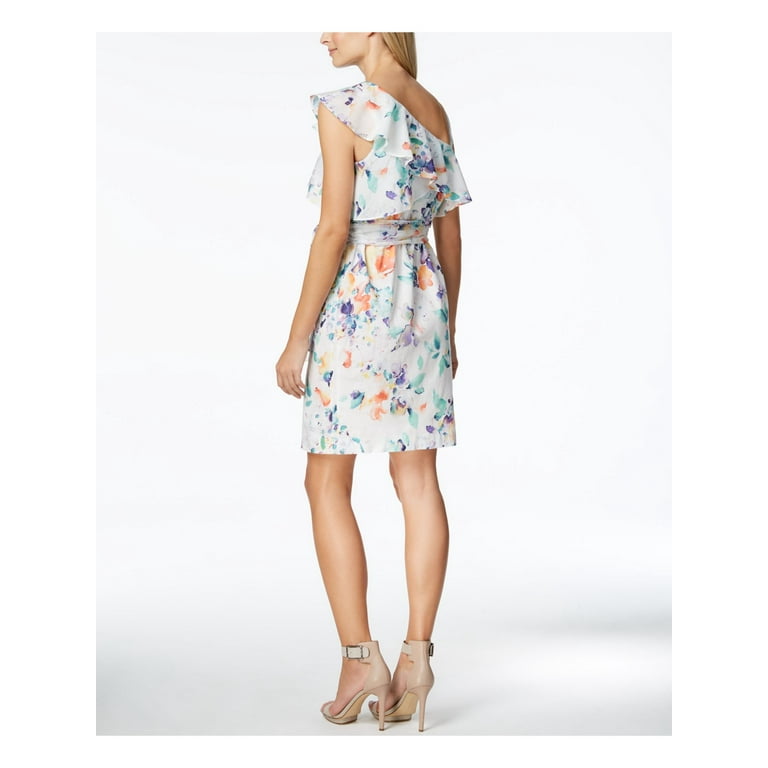 CALVIN KLEIN Womens White Floral One Shoulder Flounce Dress 12