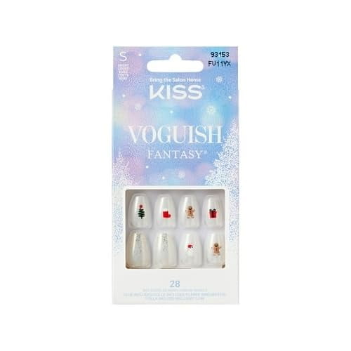 KISS Voguish Fantasy, Holiday Press on Nails, Fancy Elves, White, Short Coffin, 28 Count