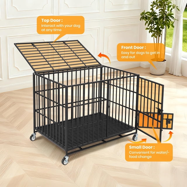 EDTara Metal Escape-Proof Dog Crate, Heavy Duty Kennel Featuring Three Access Doors, Removable Tray, and Lockable Wheels for Large and Medium Dogs With Anxiety