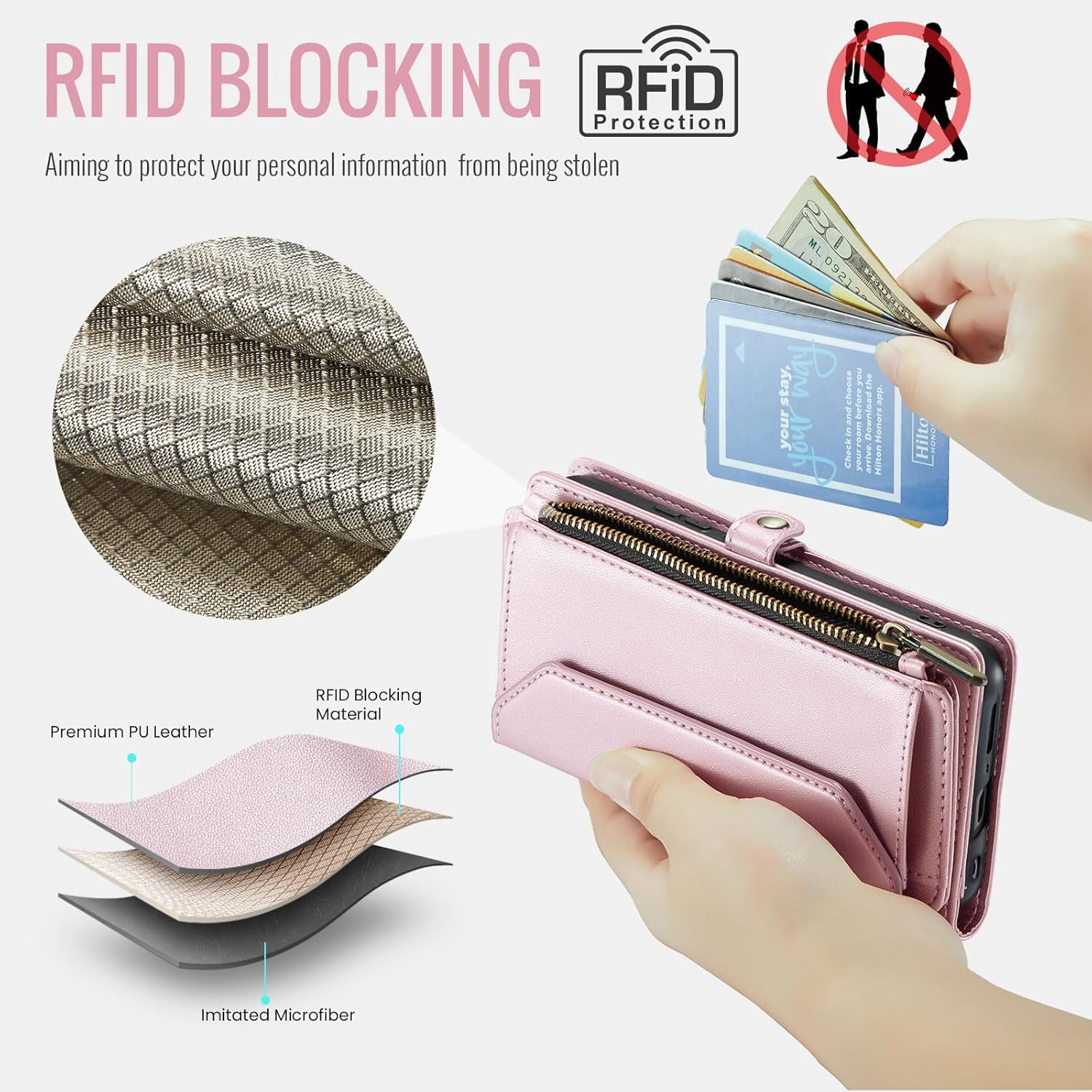 Phone Case for Samsung Galaxy S10 Zipper Wallet Cover with Tempered Glass Screen Protector and Leather Flip RFID Blocking Credit Card Holder Cell S 10 Edge 10S GS10 X10 Women Girls Rose Gold