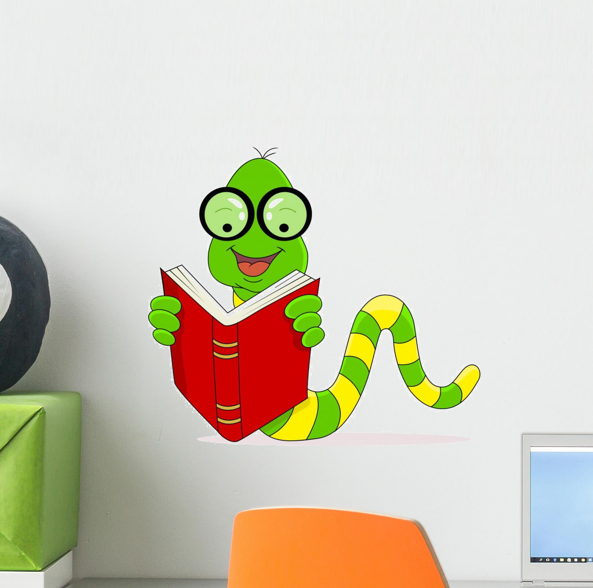 Happy Worm Reading Book Wall Decal Sticker by Wallmonkeys Vinyl Peel &  Stick Graphic for Boys (12 in W x 11 in H) 