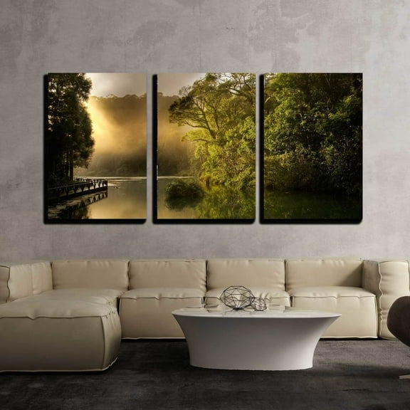 wall26 - 3 Piece Canvas Wall Art - Landscape of Morning Sunrise with Lake and Forest. - Modern Home Art Stretched and Framed Ready to Hang - 24"x36"x3 Panels