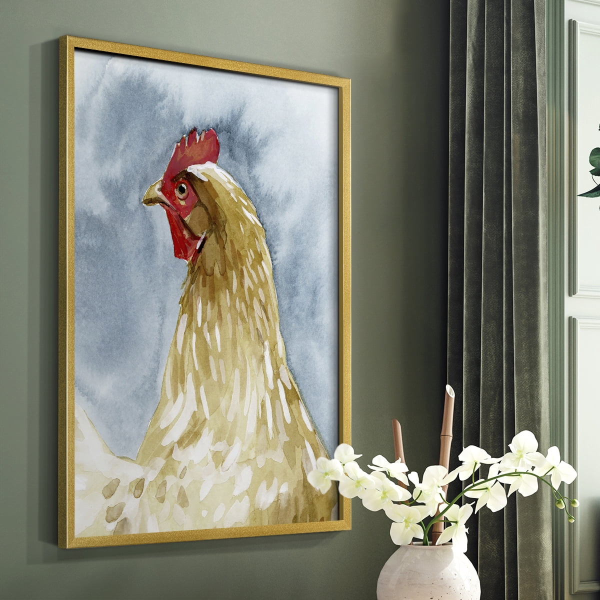 Chicken Portrait I Framed Print in Gold Solid Wood Framed Print No Nail Hanging