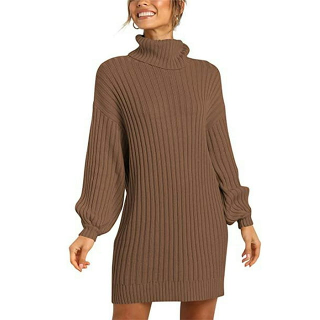 Vestidos de suéter Cuello alto Mangas largas de linterna Jersey Vestido suelto casual para mujer Marrón L