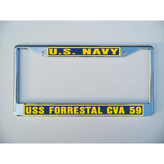 USS FORRESTAL CVA 59 License Plate Frame Chrome Metal Military Navy USN Car Truck RV F001.