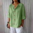 thumbnail image 2 of Dazajoo 3/4 Sleeve Linen Shirts for Women Button V Neck Cotton Blouses Dressy Casual Solid Henley Shirts Loose Fit Summer Tops,Green,M, 2 of 7