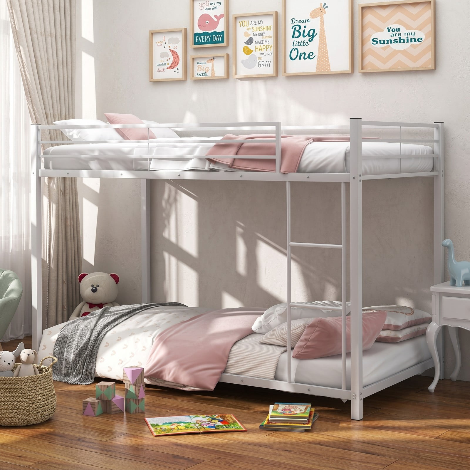 Furnibear Low Profile Twin Over Twin Metal Bunk Bed with Full-length Guardrails and Ladder for Kids and Shared Bedrooms, White