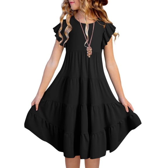Amidoa Girls Summer Dresses Short Sleeve Ruffled A-Line Dresses Casual With Pockets Kids Sundress Black Size 12