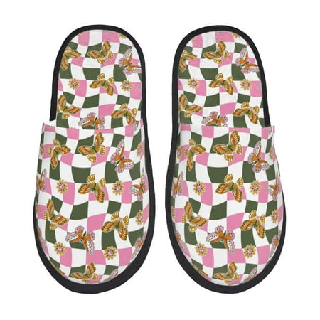 Balery Abstract Pink Plaid Butterfly Slient Indoor Furry Fleece Comfort House Shoes Soft Non-Slip Home Shoes Cotton slippers House Slippers-- Medium
