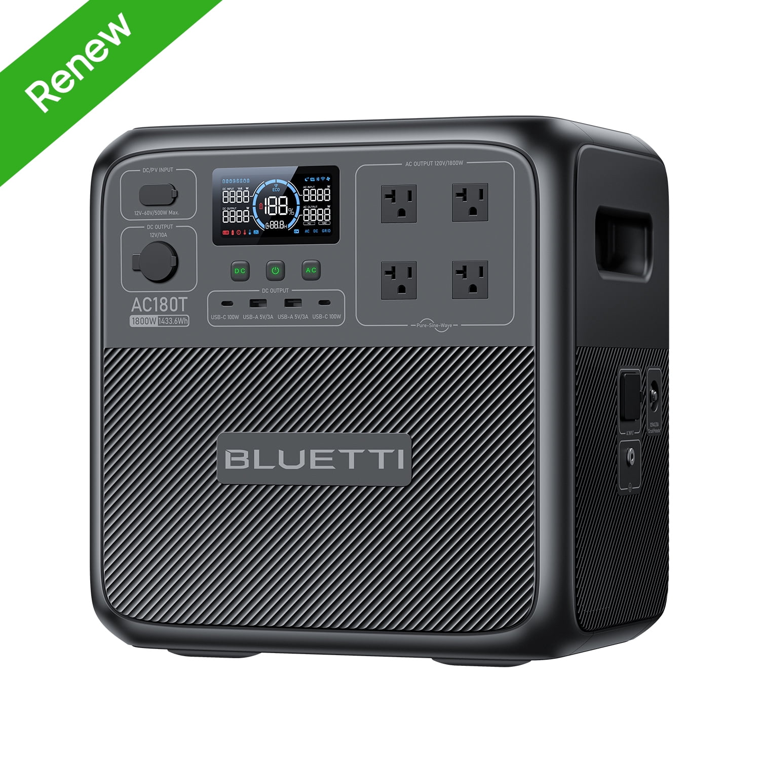 BLUETTI AC180T Portable Power Station, 1432Wh LiFePO4 Battery Backup, 1800W (3600W Surge) AC Outlets, 0-80% Charge in 45 Min, Solar Generator for Camping, Outdoors, Emergency
