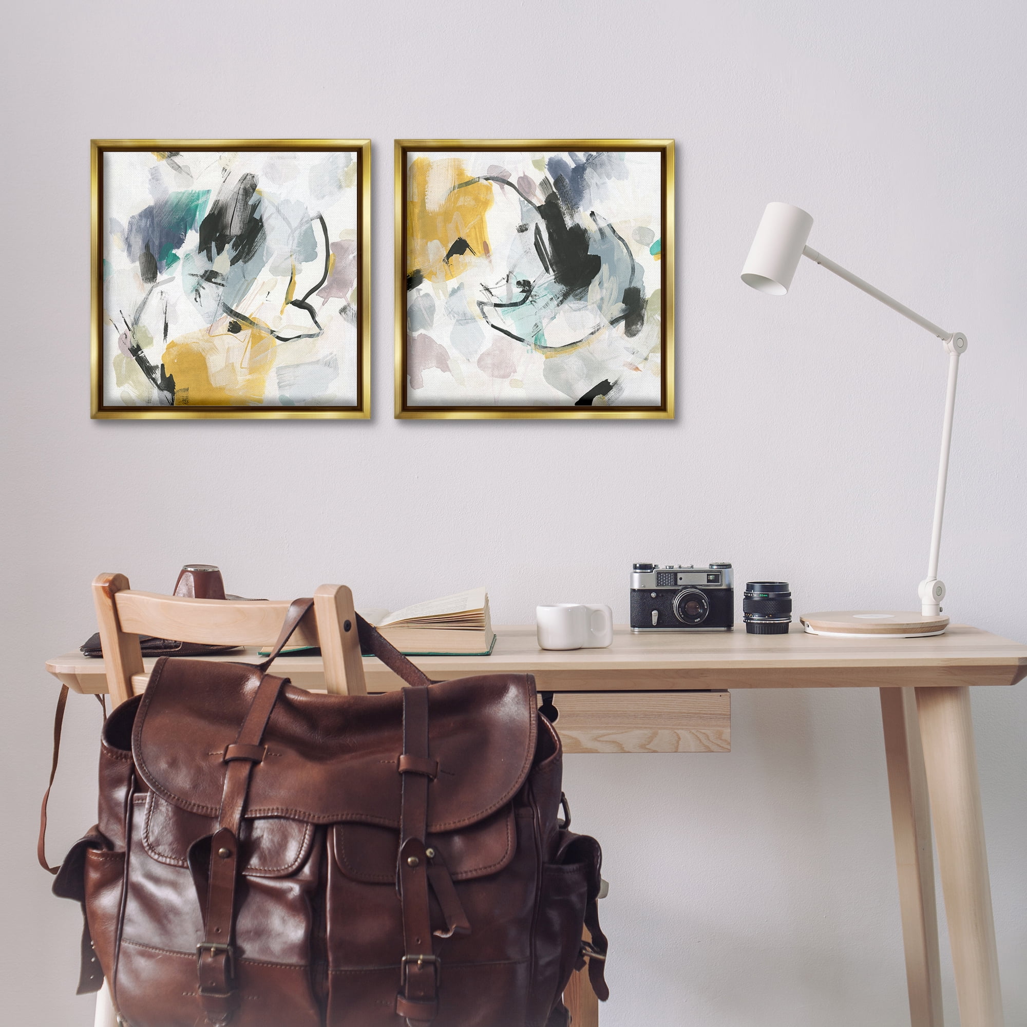 Stupell Industries Black & Yellow Abstract Splash Abstract Painting Gold Floater Framed Canvas Art Print Wall Art, 18 x 18, Set of 2